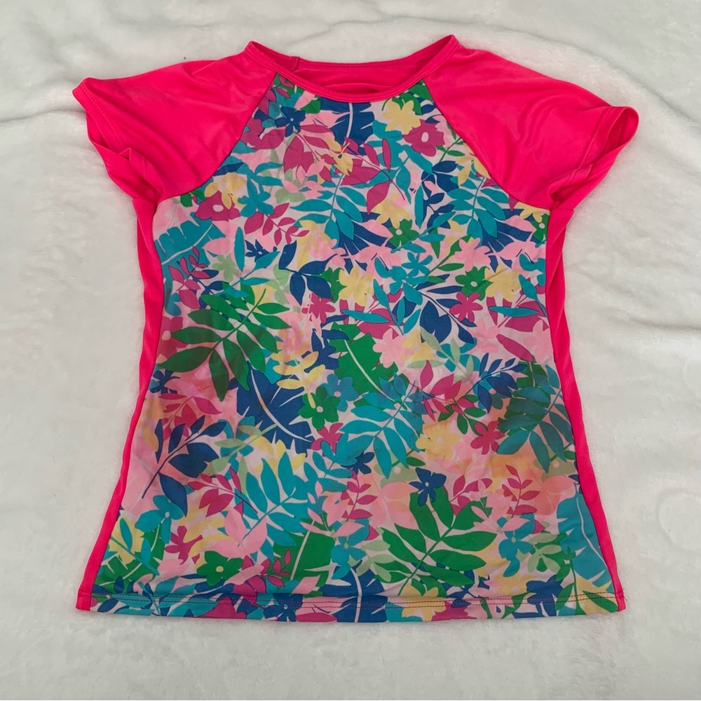 5/$25 Lands' End Girls Pink Tropical Floral‎ Short Sleeve Rash Guard Swim Shirt